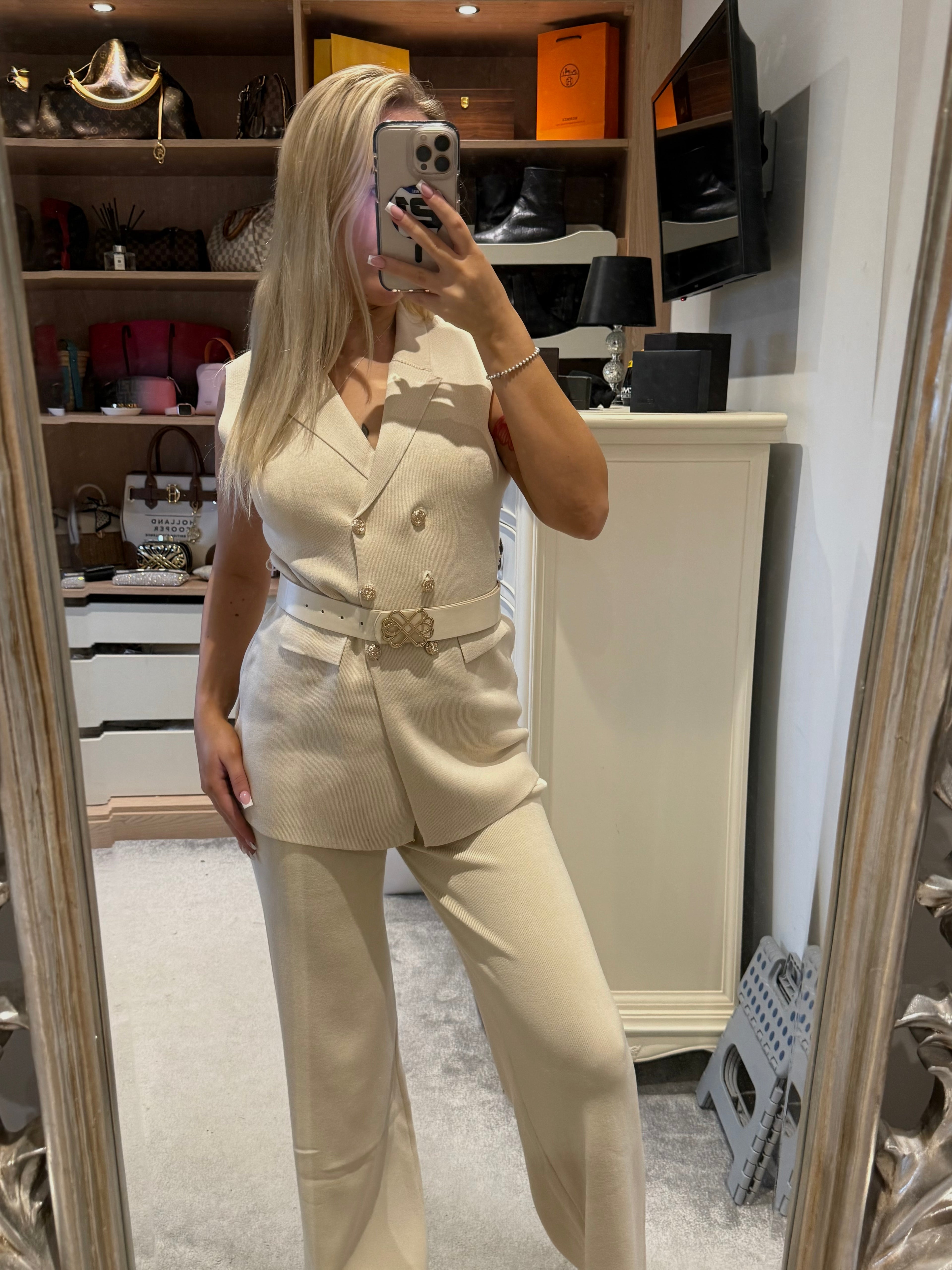 Cream thick belted set