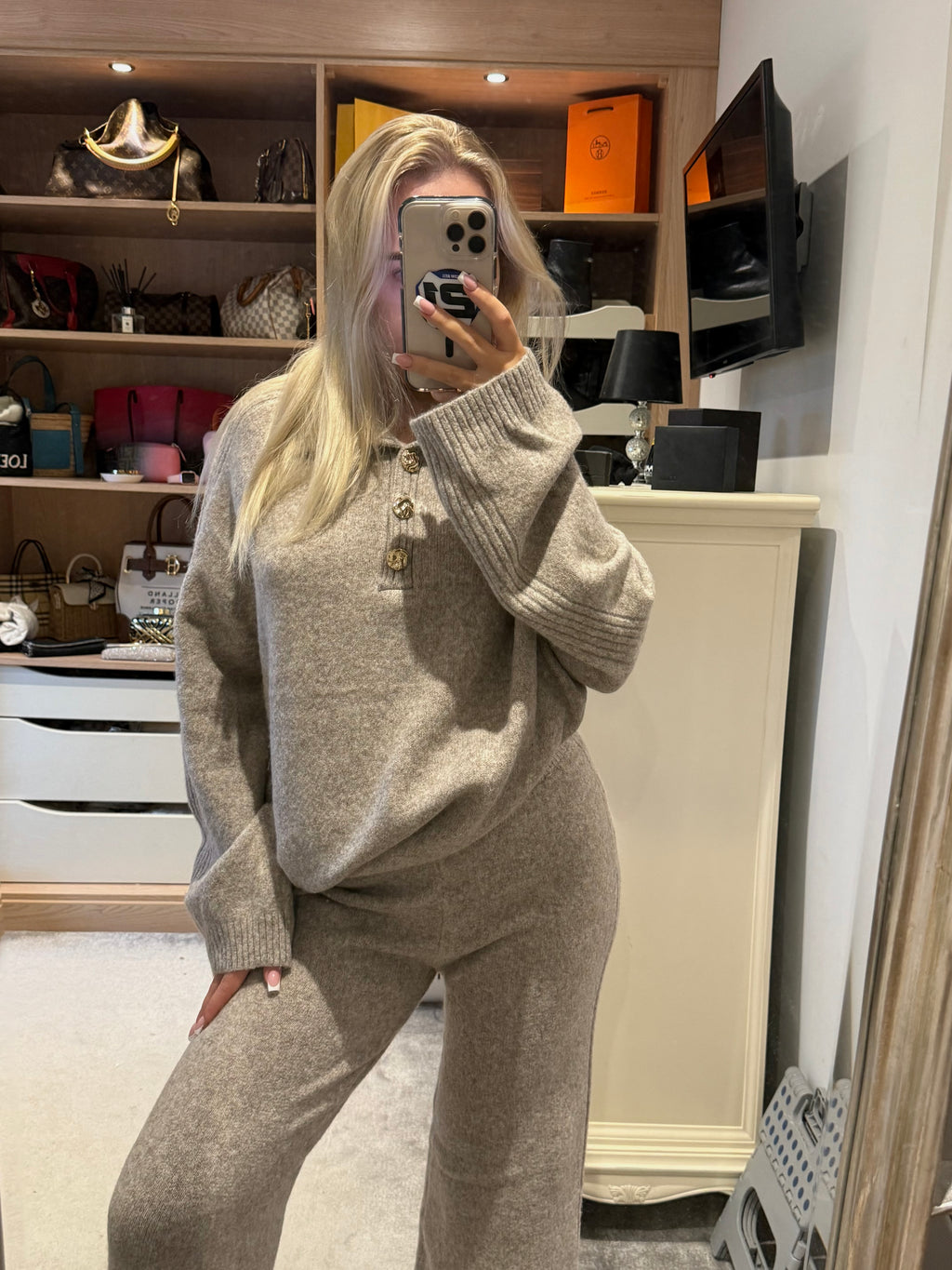 Taupe knit buttoned lounge set