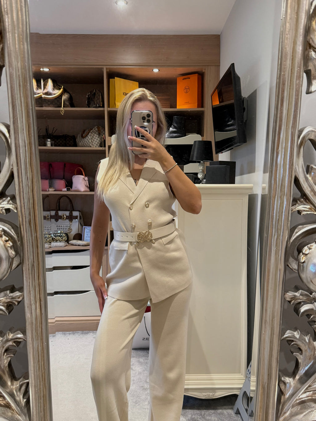 Cream thick belted set