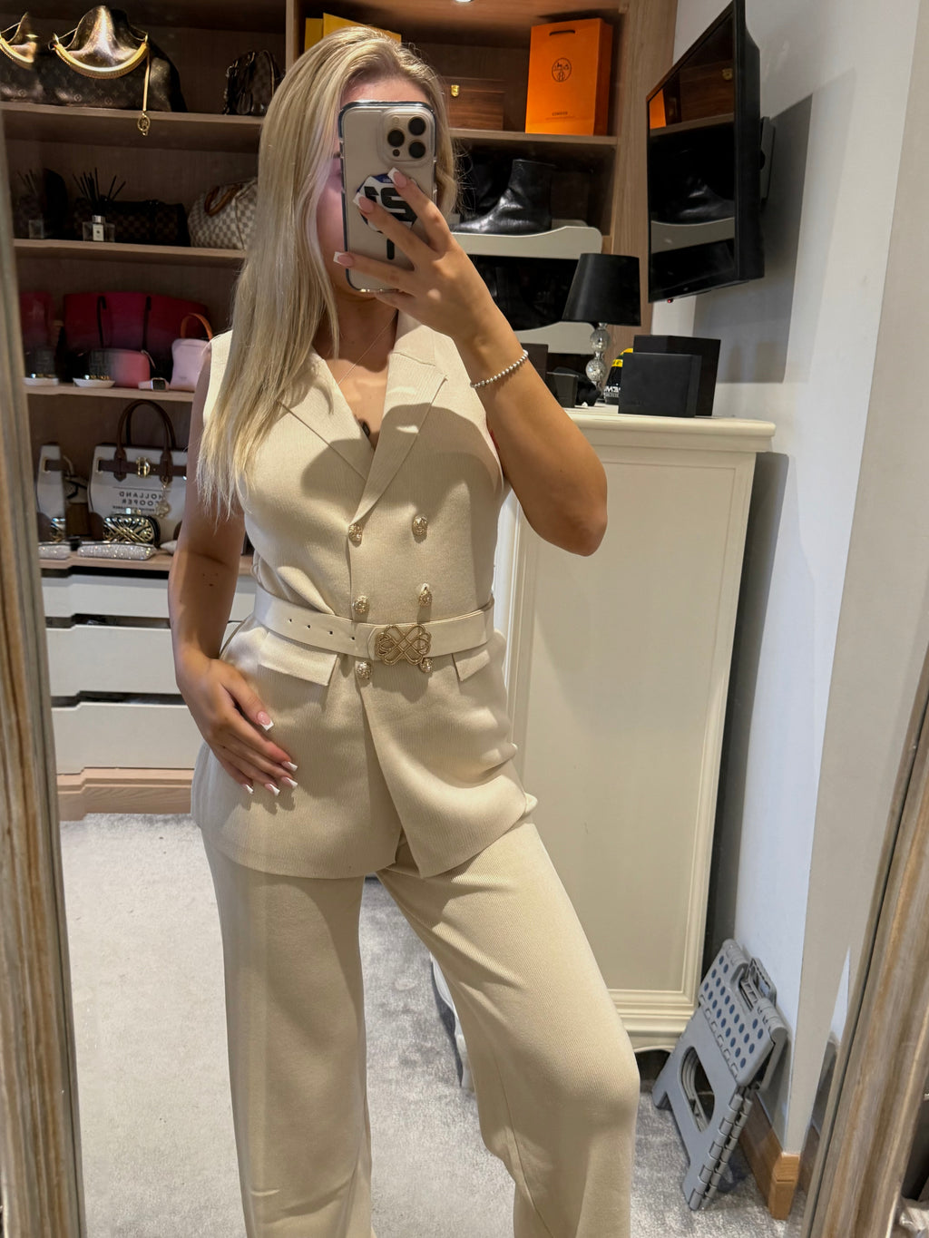 Cream thick belted set