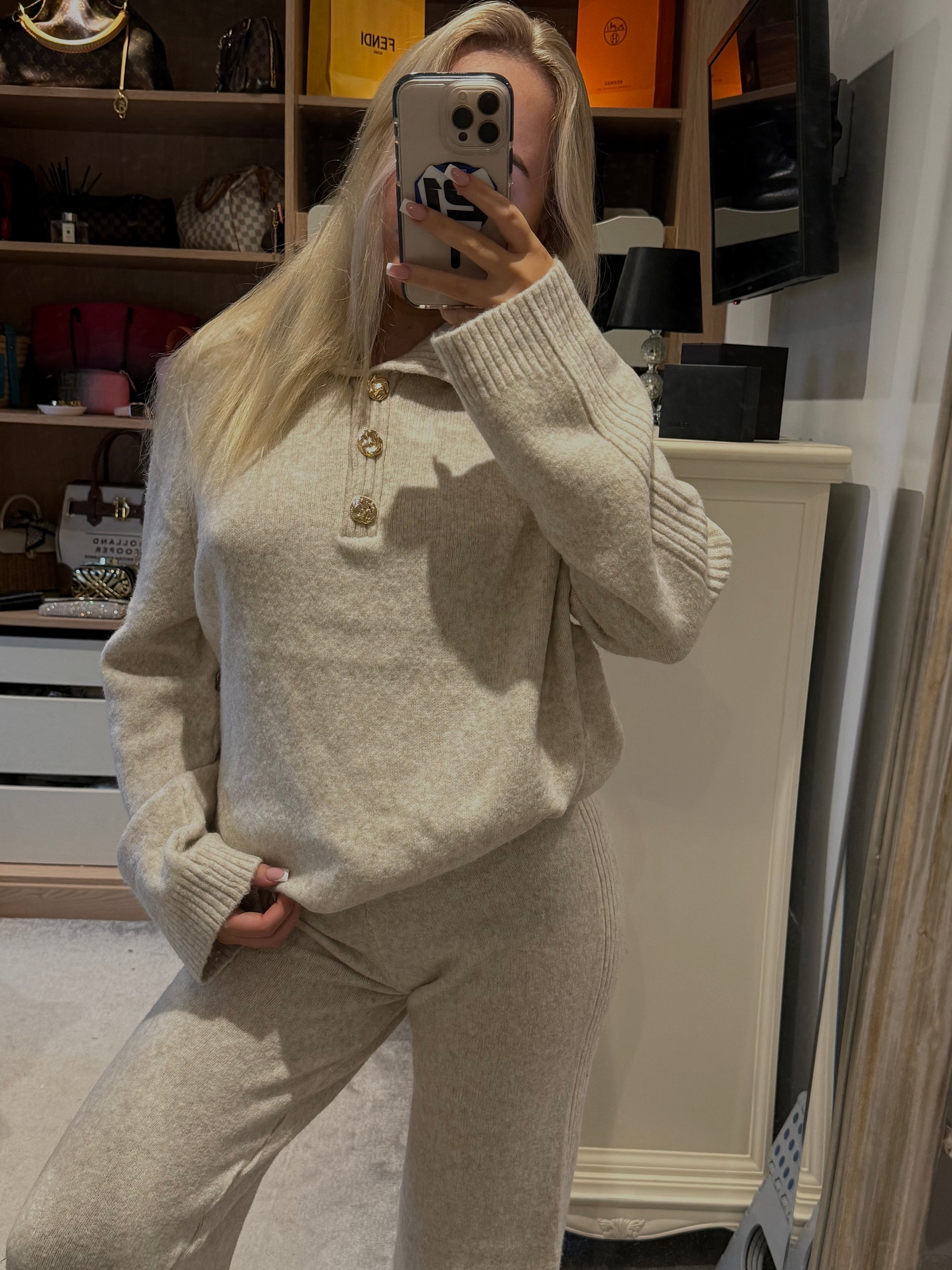 Cream knit buttoned lounge set