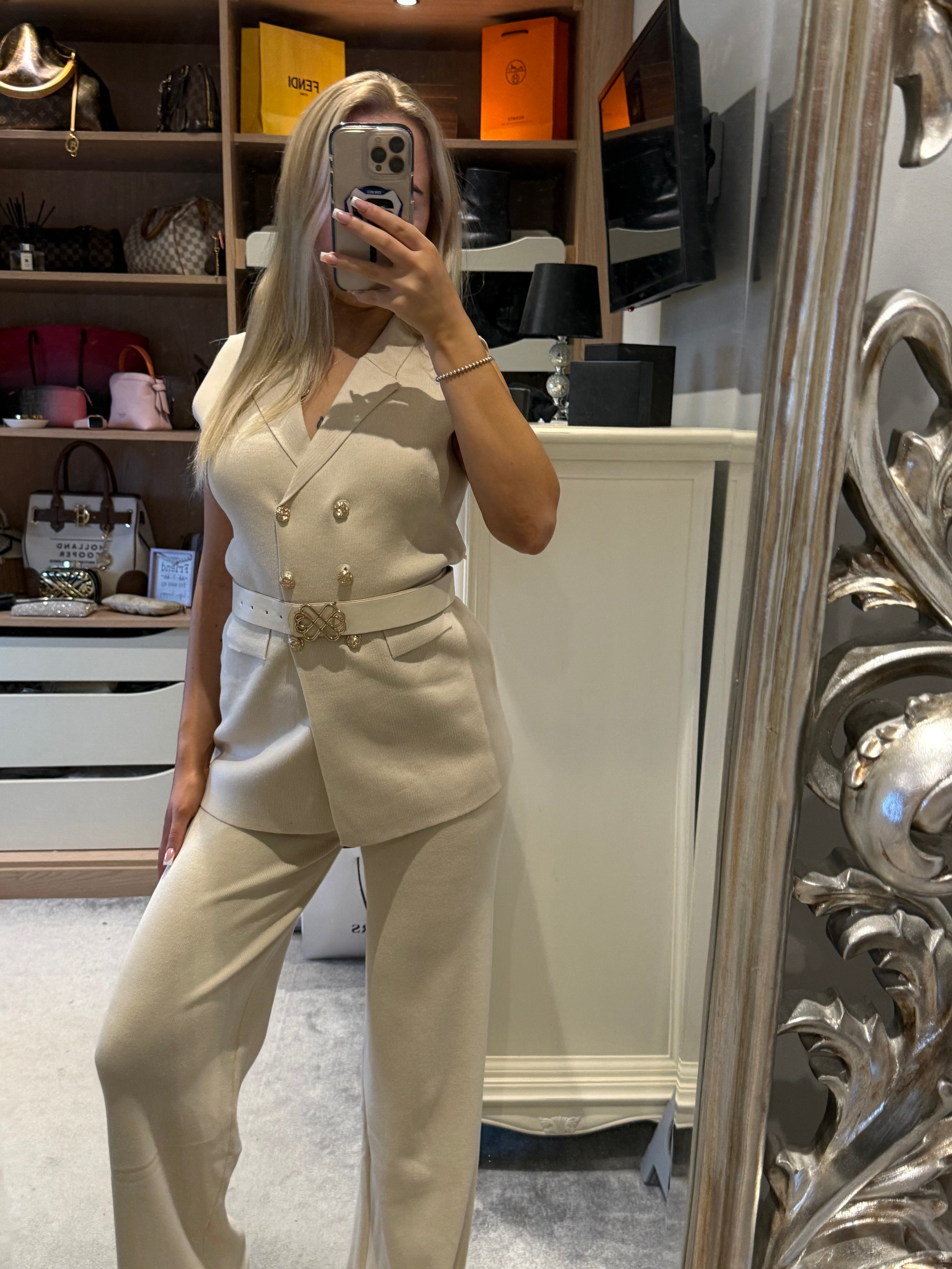 Cream thick belted set