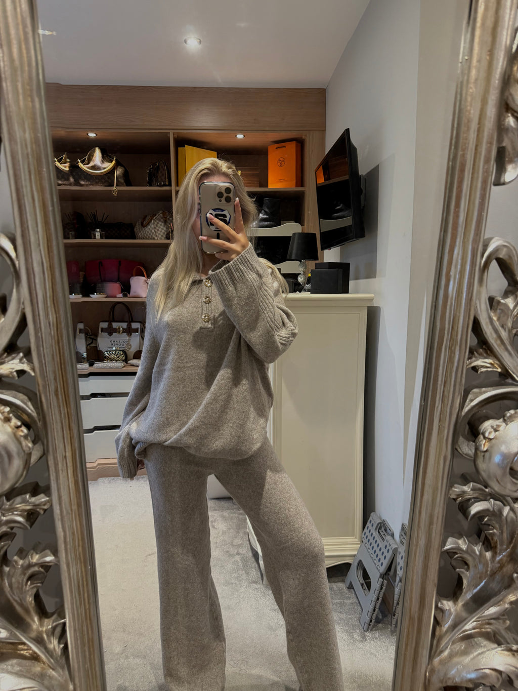 Taupe knit buttoned lounge set