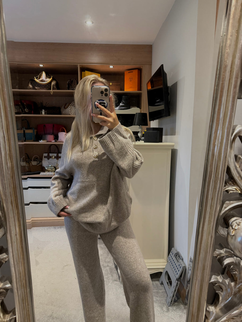 Taupe knit buttoned lounge set