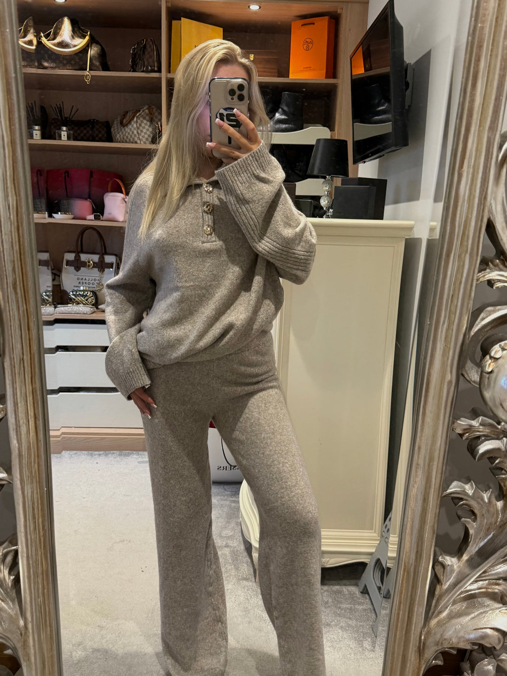 Taupe knit buttoned lounge set