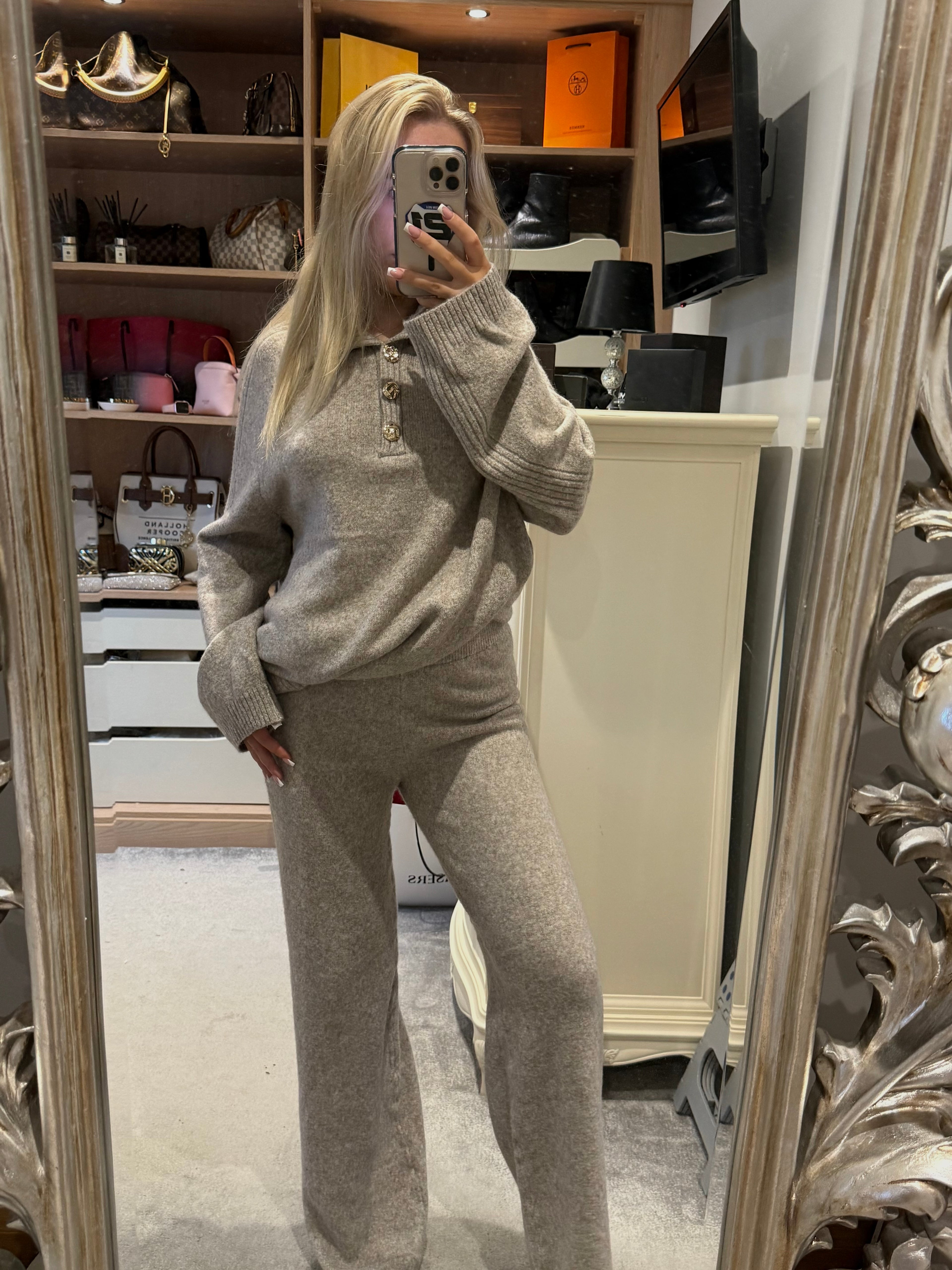 Taupe knit buttoned lounge set