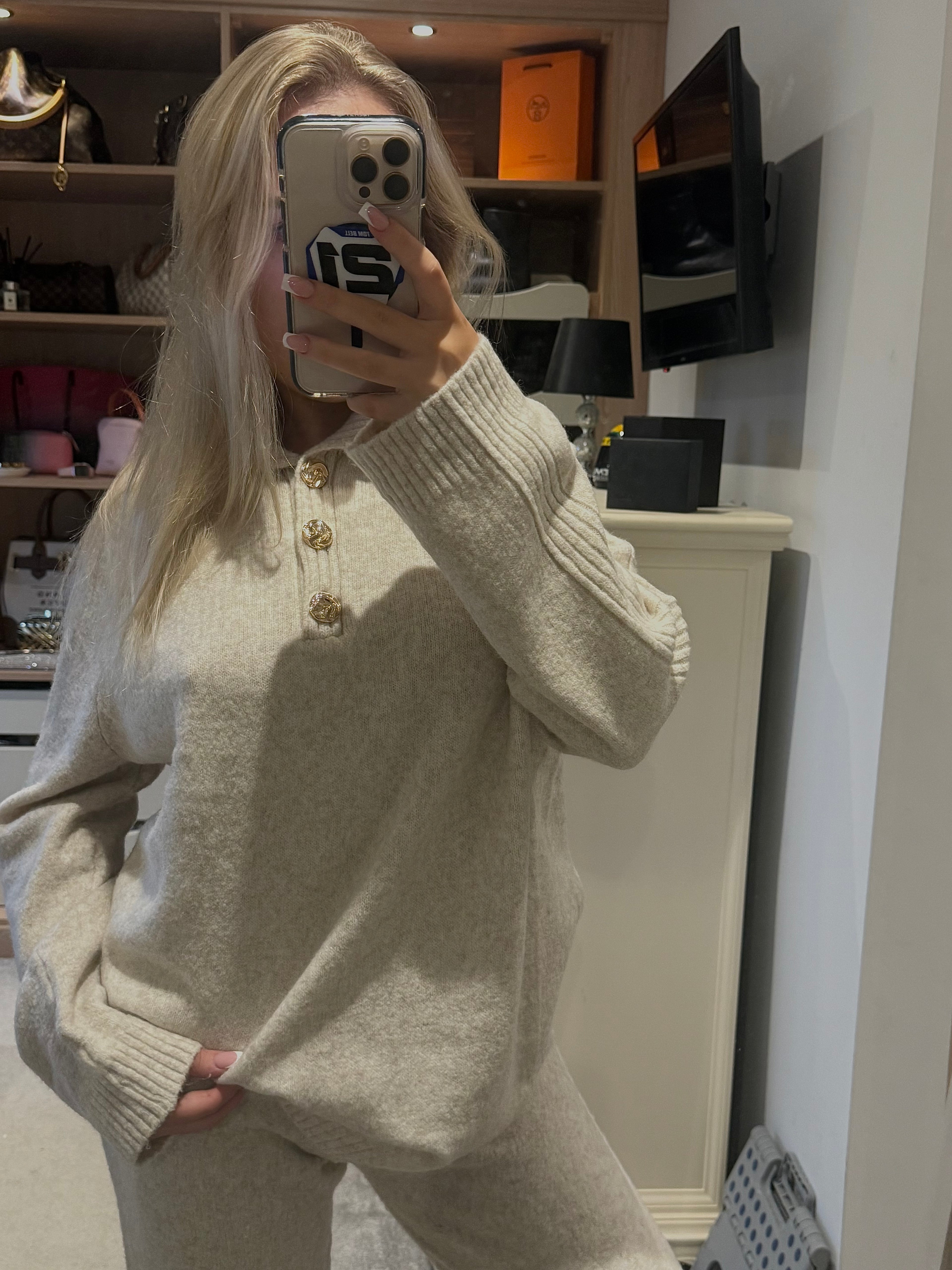 Cream knit buttoned lounge set