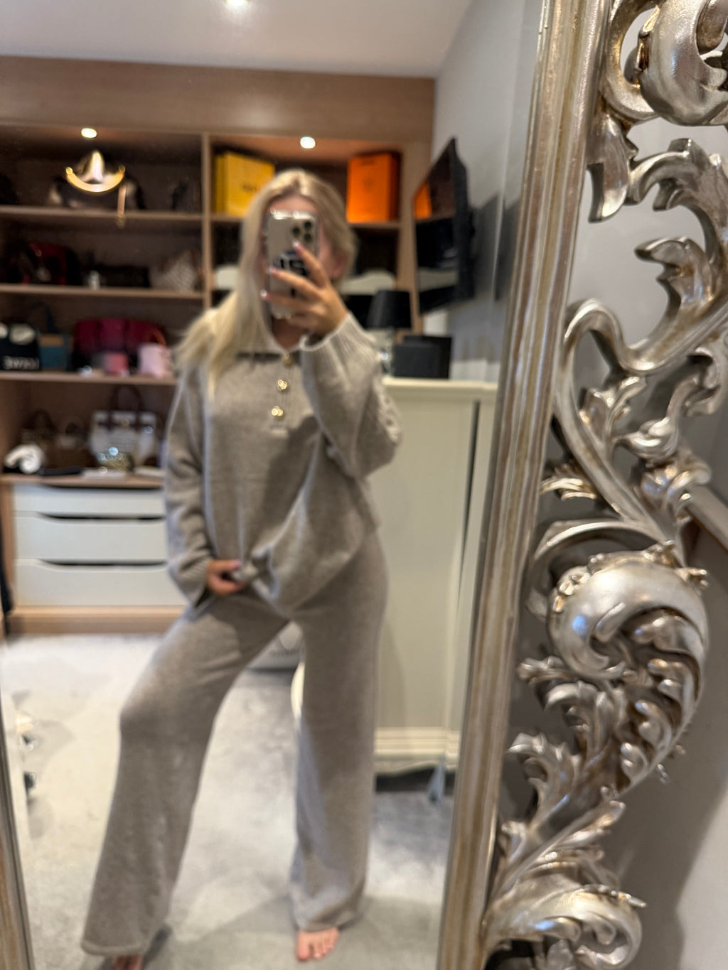 Taupe knit buttoned lounge set