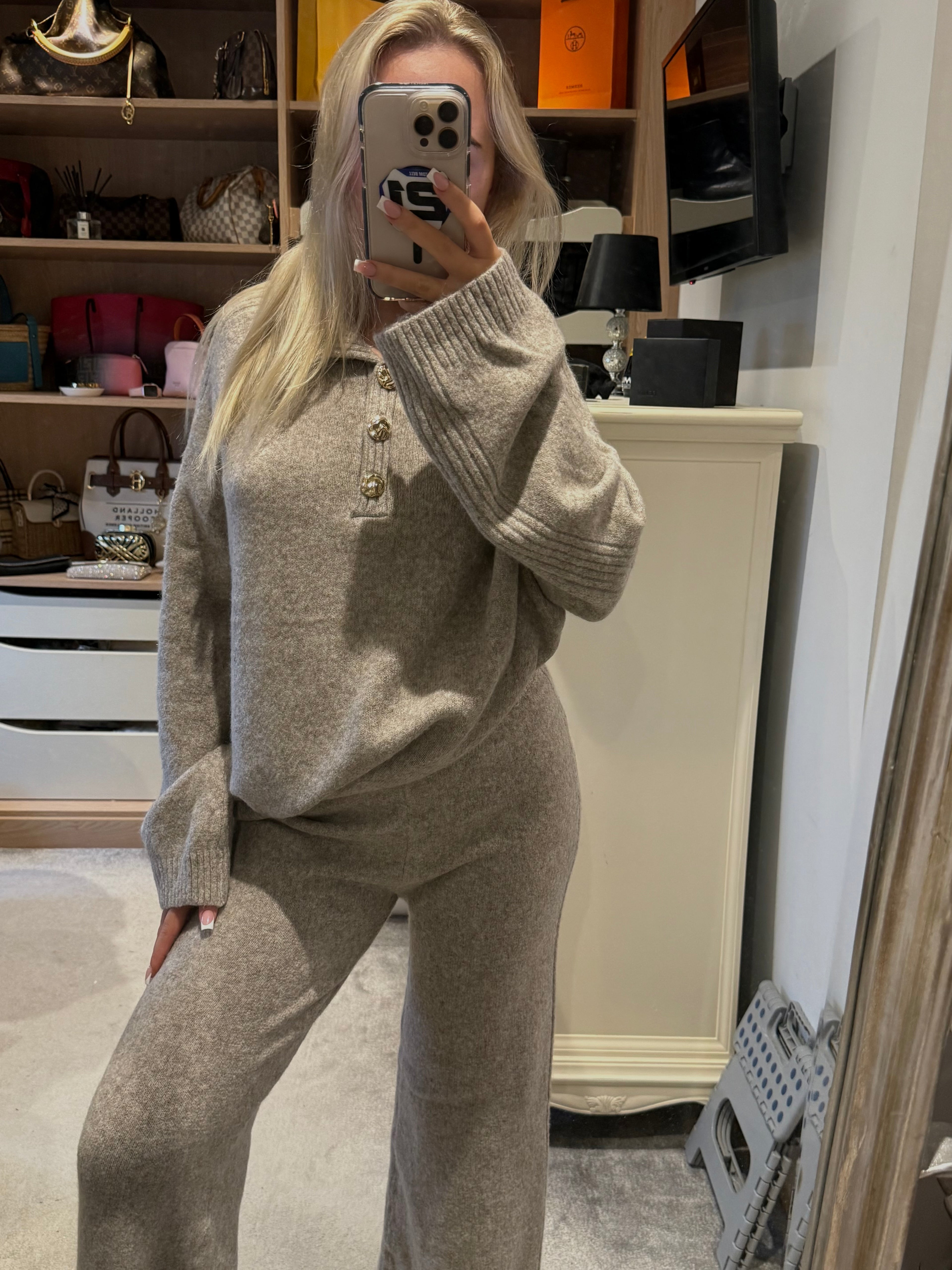 Taupe knit buttoned lounge set