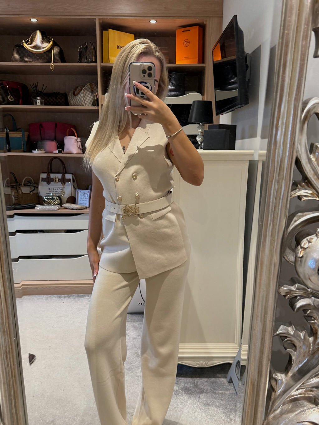 Cream thick belted set