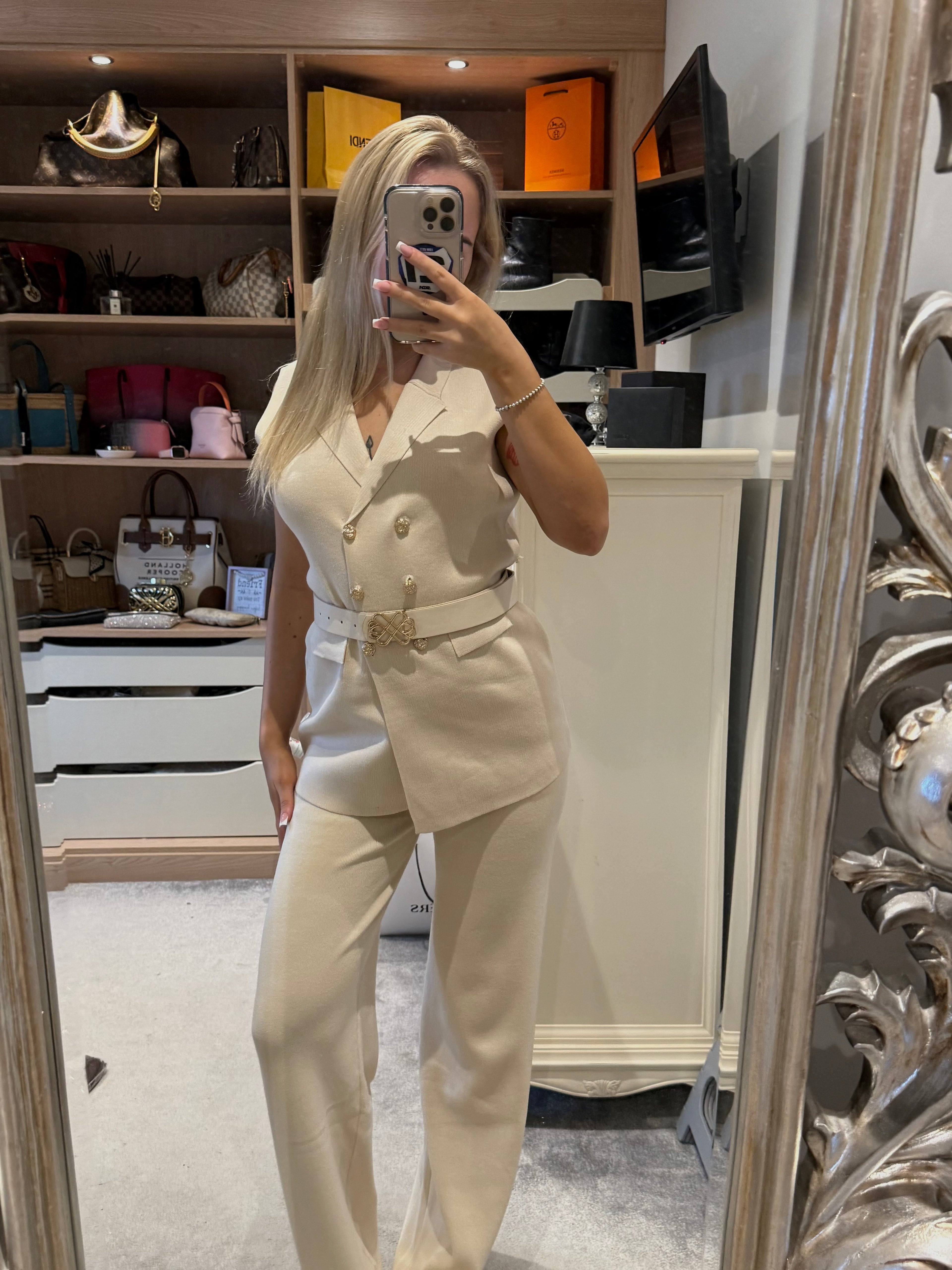 Cream thick belted set