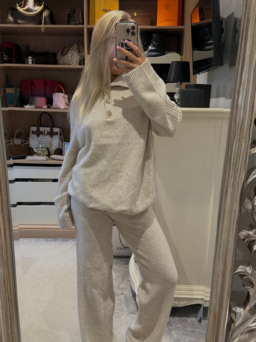 Cream knit buttoned lounge set