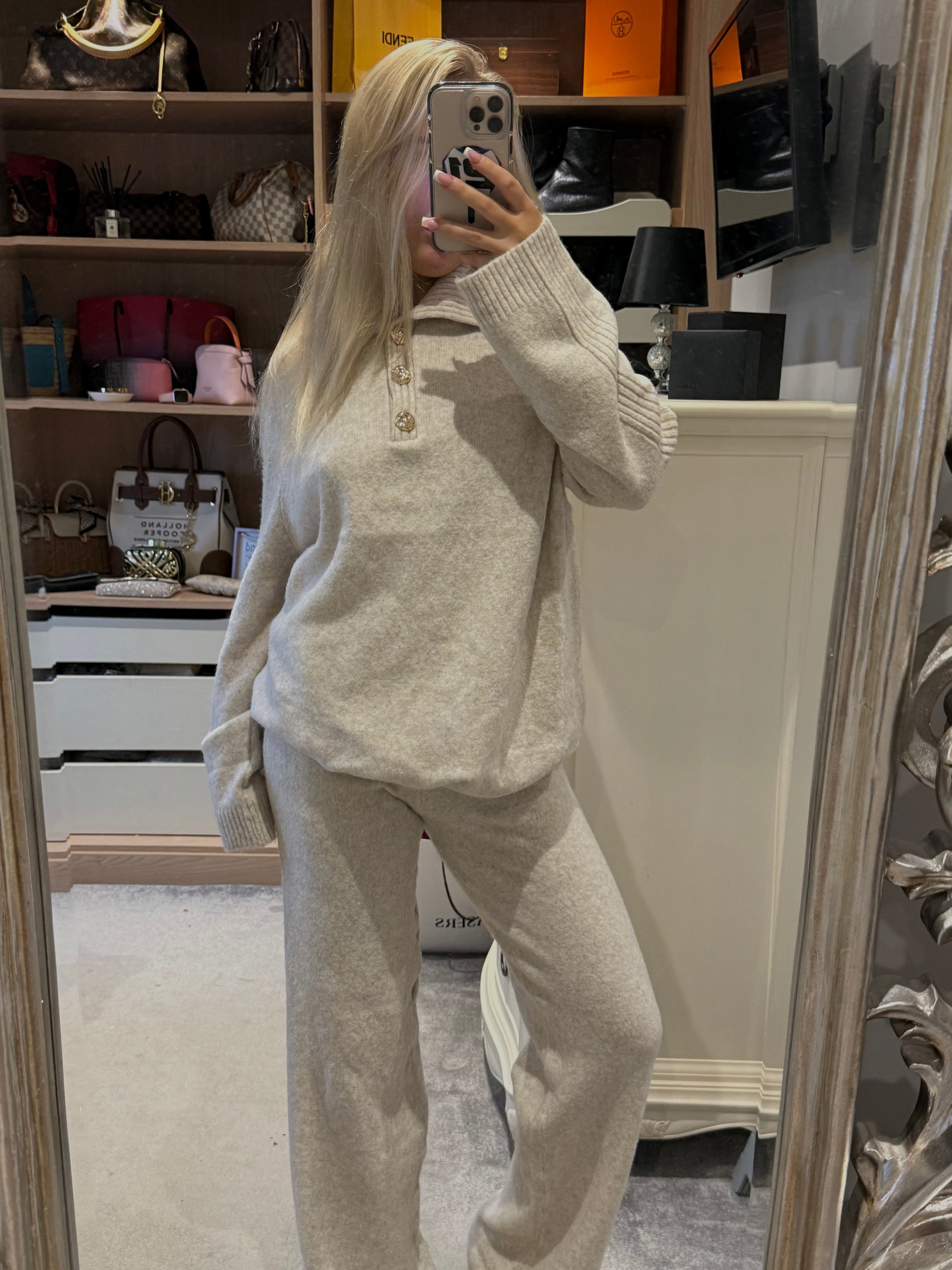 Cream knit buttoned lounge set