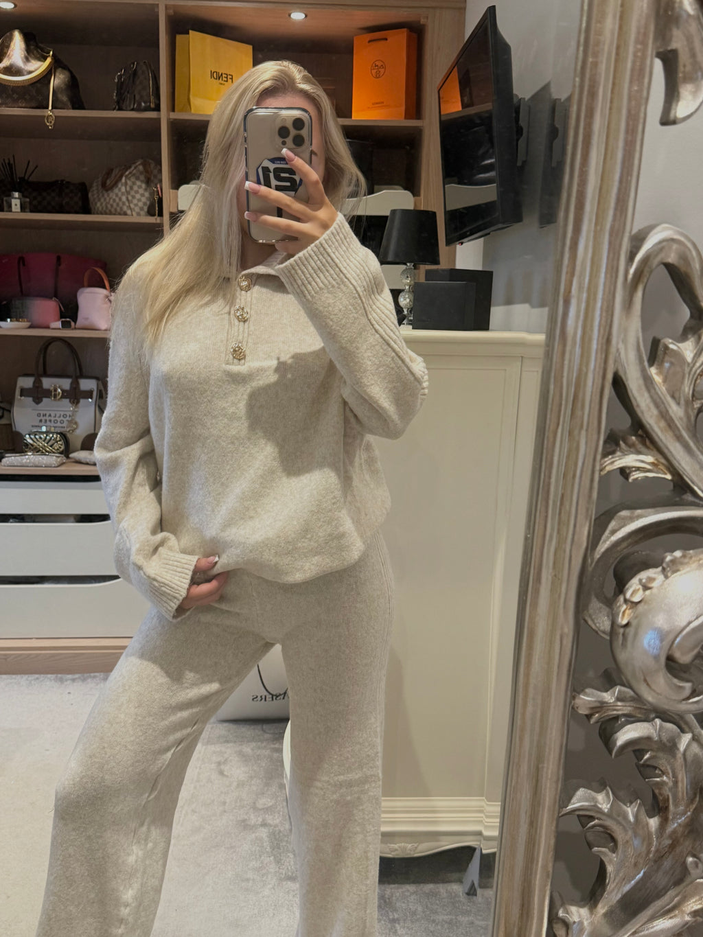 Cream knit buttoned lounge set